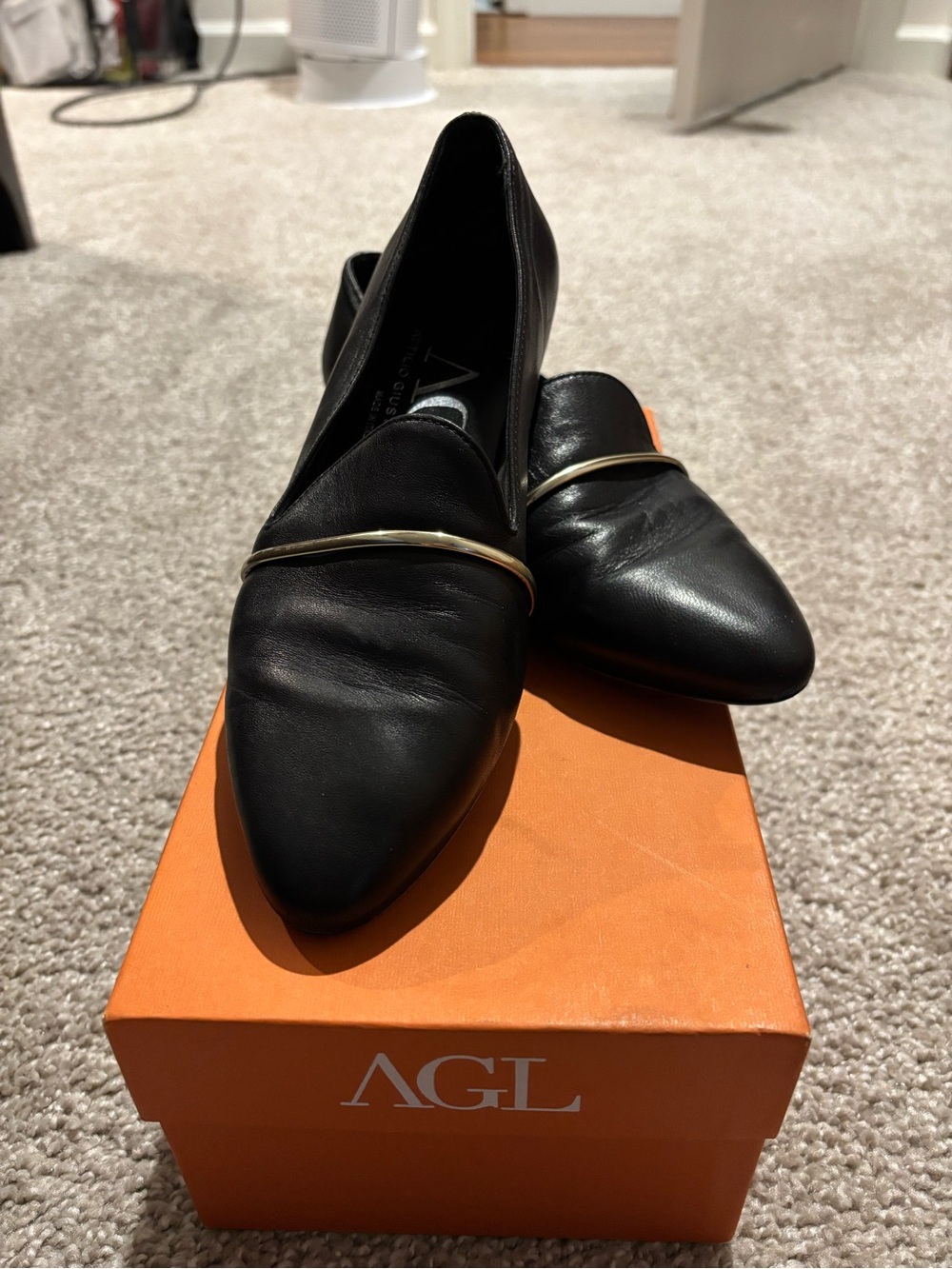 AGL Black Leather Pointed Flats with Gold Accent